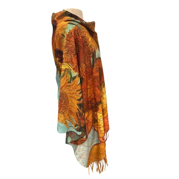 Van Gogh Sunflowers Print Shawl Wrap Scarf With Fringe Edges Lightweight & Versa - Picture 5 of 8